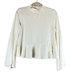Nordstrom BP Asymmetrical Ruffle Hem Top Shirt Flare Sleeve Ivory Cream XS